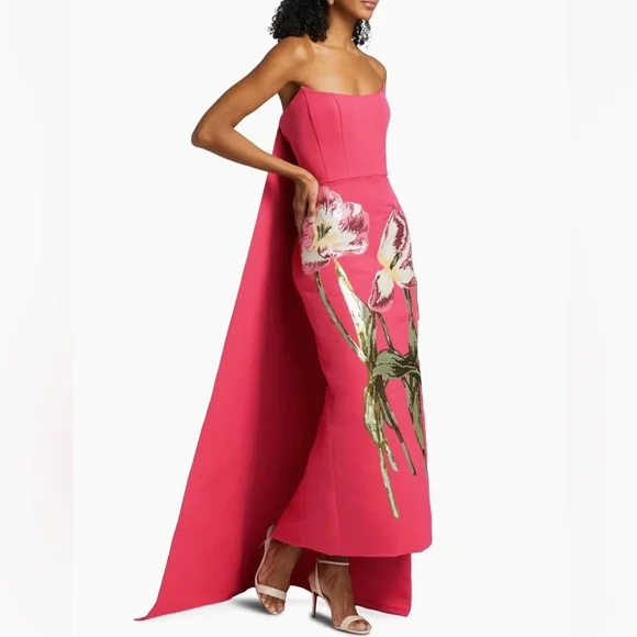 Amsale Pink Gown with Sequin Floral Design & Removable Train - Picture 2 of 12